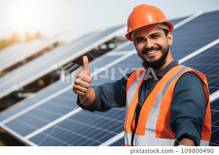 Satisfied worker showing thumbs up gesture while standing near solar panels at power plant Satisfied worker showing thumbs up gesture while standing near solar panels at power plant 109800490