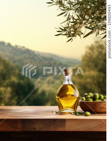 Old wooden product display table with natural green olive field and olive oil 109800493