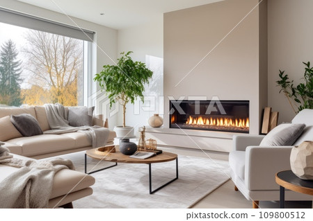 Gas fireplace in a modern cozy living room 109800512