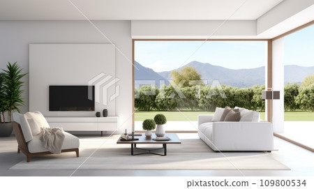 White minimalist living room interior with sofa, green landscape in window. 109800534