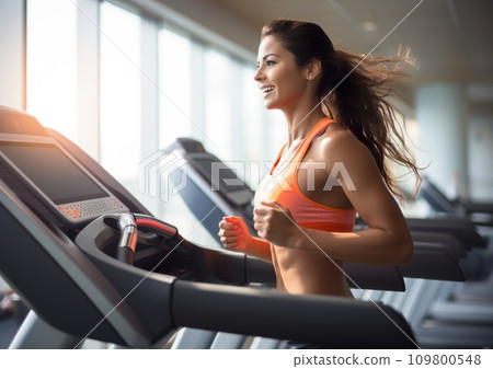 Woman running on a treadmill in a fitness center. Training in the gym 109800548