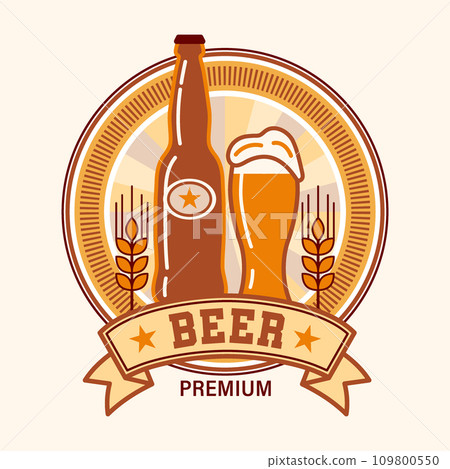 Beer logo with icons of bottle, beer glass, barley spikes, ribbon. Good for branding, decoration of food package, cover design, decorative prints. Simple flat style 109800550