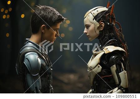 Young man and a humanoid female robot look at each other 109800551