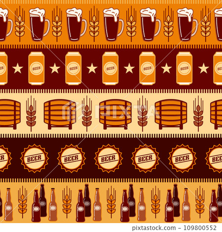Seamless geometric pattern with icons of barrel, beer cans, glasses, bottle caps. Horizontal striped background. Good for branding, decoration of beer package, cover design, decorative print. 109800552