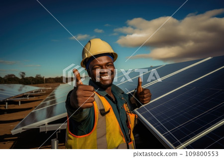 Portrait of african american man in helmet on field with solar panels showing thumb up. Concept of eco energy and service work 109800553
