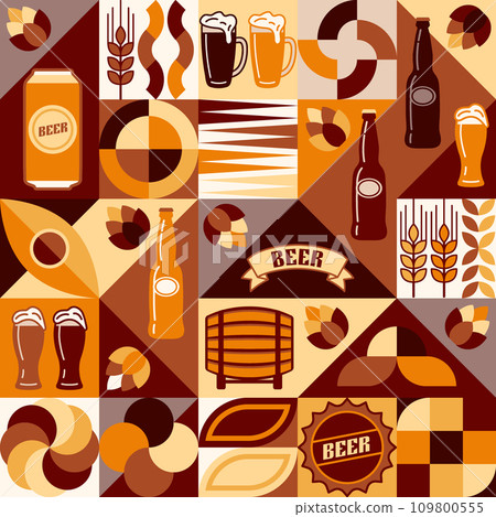 Beer theme background with icons, design elements in simple geometric style. Seamless pattern with abstract shapes. Good for branding, decoration of beer package, cover design, decorative print 109800555