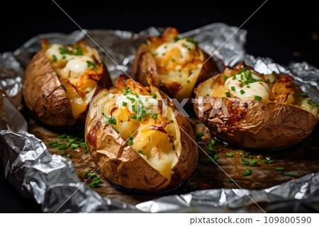 Baked potatoes with cheese and onions on foil Baked potatoes with cheese and onions on foil 109800590
