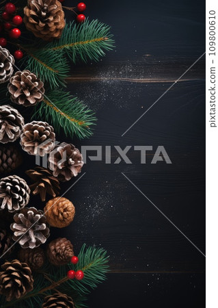 Christmas decoration with pine cones. Christmas background with space for text. Christmas decoration with pine cones. Christmas background with space for text. 109800610