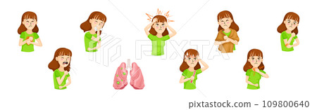 Young Woman Suffering from Coronavirus Symptoms Vector Set Young Woman Suffering from Coronavirus Symptoms Vector Set 109800640