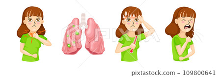 Young Woman Suffering from Coronavirus Symptoms Vector Set Young Woman Suffering from Coronavirus Symptoms Vector Set 109800641