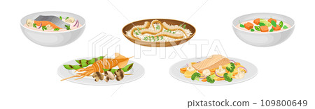 Tasty Seafood Dish and Served Meal Vector Set Tasty Seafood Dish and Served Meal Vector Set 109800649