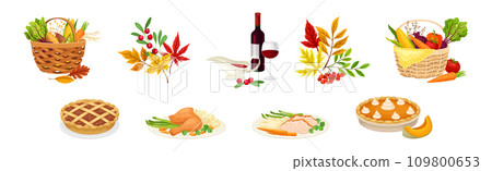 Thanksgiving Day Symbol and Festive Food Vector Set 109800653