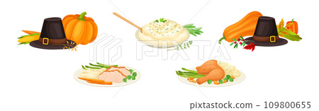 Thanksgiving Day Symbol and Festive Food Vector Set 109800655