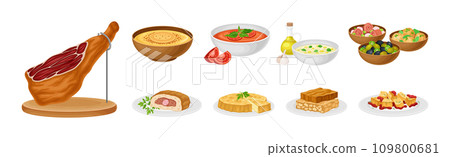 Spanish Dish and Food of Mediterranean Cuisine Vector Set 109800681