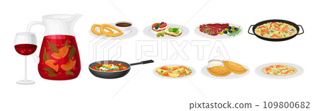 Spanish Dish and Food of Mediterranean Cuisine Vector Set 109800682
