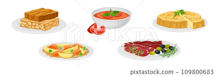 Spanish Dish and Food of Mediterranean Cuisine Vector Set 109800683