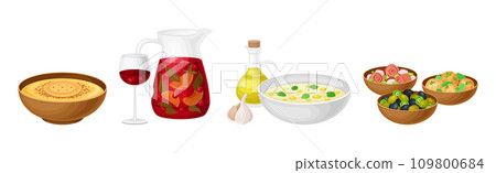 Spanish Dish and Food of Mediterranean Cuisine Vector Set 109800684