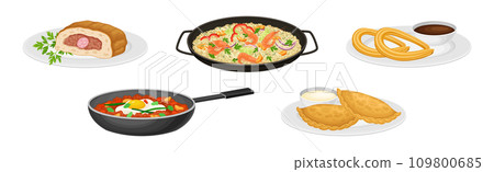 Spanish Dish and Food of Mediterranean Cuisine Vector Set 109800685