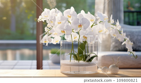 clear clear vase filled with white orchids and water on wooden table 109800821