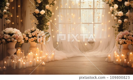 A romantic wedding scene with soft lighting, roses, and room for heartfelt messages 109800823
