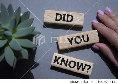 Did you know symbol. Wooden blocks with words Did you know. Businessman hand. Beautiful grey background with succulent plant. Business and Did you know concept. Copy space. 109800844