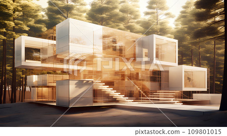 AI-generated content. A house with glass walls and a deck 109801015
