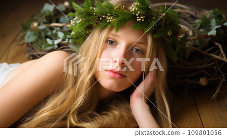 AI-generated content. A woman lying down with a wreath on her head 109801056