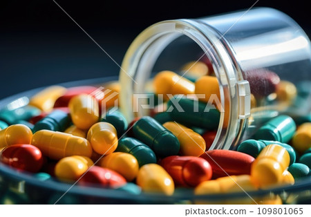 colorful pills spill out from a medicine container 109801065