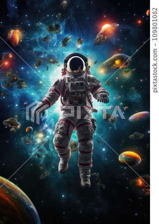 Astronaut in vivid space, surrounded by stars and planets, offering cosmic copy space 109801082