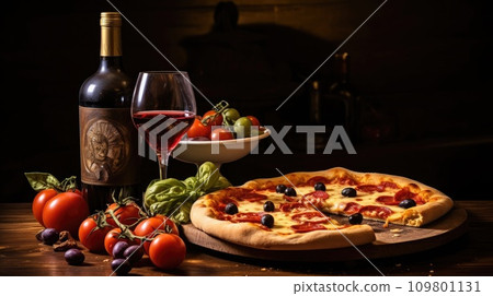 Tasty Italian dinner scene with pizza, pasta, and wine, leaving room for text Tasty Italian dinner scene with pizza, pasta, and wine, leaving room for text 109801131