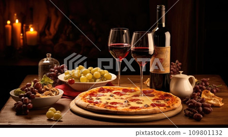Tasty Italian dinner scene with pizza, pasta, and wine, leaving room for text 109801132