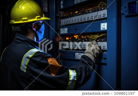 electrical worker holding switch panel in an electrical panel 109801197