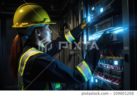 electrical worker holding switch panel in an electrical panel 109801208