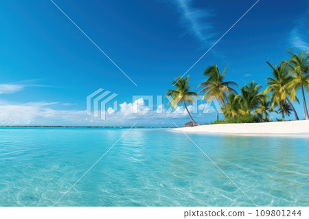 A vivid vacation backdrop, turquoise waters, palm trees, and expansive copy space A vivid vacation backdrop, turquoise waters, palm trees, and expansive copy space 109801244