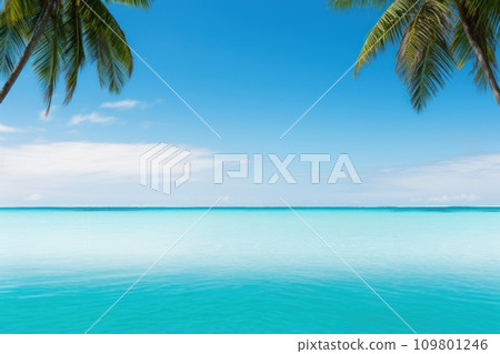 A vivid vacation backdrop, turquoise waters, palm trees, and expansive copy space 109801246
