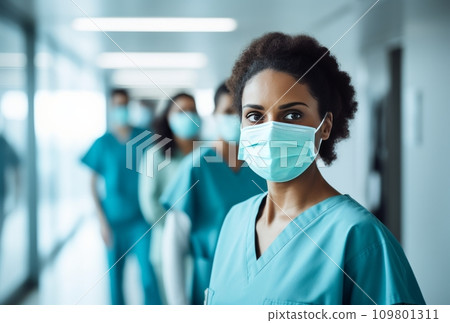 female medical workers with surgical masks in front of a hallway female medical workers with surgical masks in front of a hallway 109801311
