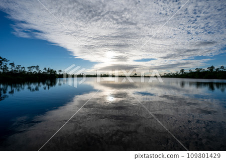 Silver gray cloudscape over Pine Glades Lake in Everglades National Park. Silver gray cloudscape over Pine Glades Lake in Everglades National Park. 109801429