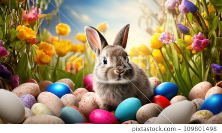 Vibrant background adorned with a charming bunny, colorful eggs, and festive cheer 109801498
