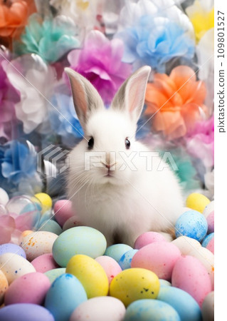 Vibrant background adorned with a charming bunny, colorful eggs, and festive cheer Vibrant background adorned with a charming bunny, colorful eggs, and festive cheer 109801527