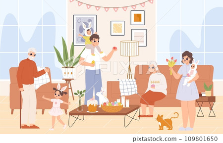 Family celebrating easter at home. Cute holiday people in bunny costumes with eggs, flowers and pets. Children and adults, snugly vector scene Family celebrating easter at home. Cute holiday people in bunny costumes with eggs, flowers and pets. Children and adults, snugly vector scene 109801650