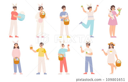 Easter people characters. Young adults with rabbit, decor eggs and festive basket. Cute bunny on hands, springtime holidays snugly vector clipart Easter people characters. Young adults with rabbit, decor eggs and festive basket. Cute bunny on hands, springtime holidays snugly vector clipart 109801651