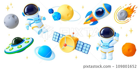 Space cartoon 3d elements. Ufo ship, rocket and astronaut character in suit. Realistic universe objects in plastic style. Planets and satellite pithy vector set Space cartoon 3d elements. Ufo ship, rocket and astronaut character in suit. Realistic universe objects in plastic style. Planets and satellite pithy vector set 109801652