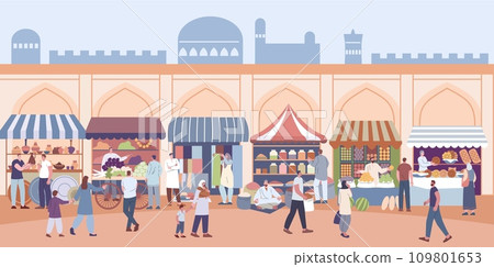 Asian street market. Local marketplace, arabian traditional counters, vendors and customers. Traditional oriental marketplace, kicky vector scene 109801653