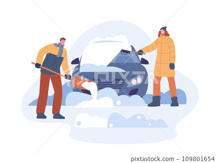 Clean car from snow after snowstorm. Man and woman cleaning auto, removed seasonal snowdrift with brush and shovel. Winter kicky vector scene 109801654