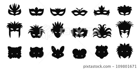 Black masks silhouettes. Isolated mask icons set, masquerade accessories. Brazilian or venetian carnival, festival symbols, decent vector set 109801671