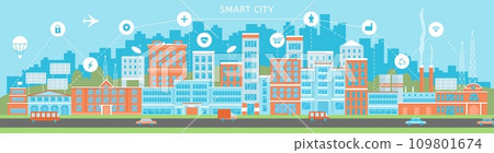 Smart city flat scene. Skyscraper and office buildings, apartments and road with transport. Technologies and urbanization, digital town decent vector landscape 109801674