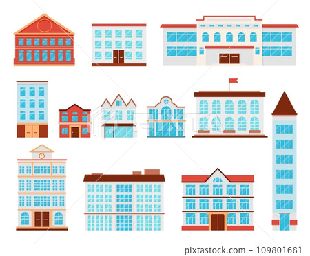 Flat urban public buildings. School medical center and government building. Church and apartment house, architecture decent vector elements Flat urban public buildings. School medical center and government building. Church and apartment house, architecture decent vector elements 109801681