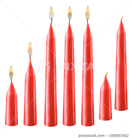 Watercolor red vertical short and long candles with flames of different types and without flames for Christmas, Candlemas, wedding, birthday, Easter, magic, memorial day, spa and relaxation 109801682