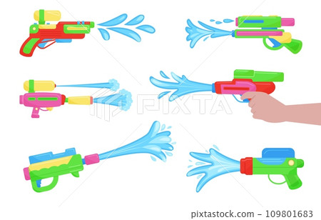 Water guns for summer outside resting game. Songkran festival symbols. Cartoon children weapon and liquid splashes, recreation decent vector set Water guns for summer outside resting game. Songkran festival symbols. Cartoon children weapon and liquid splashes, recreation decent vector set 109801683