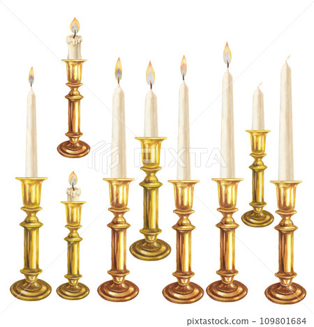 Watercolor white vertical short and long candles with flame in gold and brass candlesticks for Christmas, Candlemas, wedding, birthday, Easter, magic, memorial day, spa and relaxion 109801684
